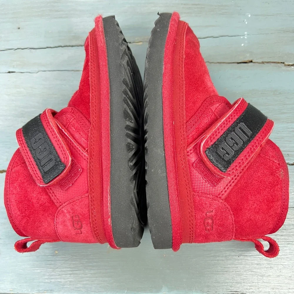 UGG Neumel II Graphic Strap Red Suede Kids Boots Size 11 girls